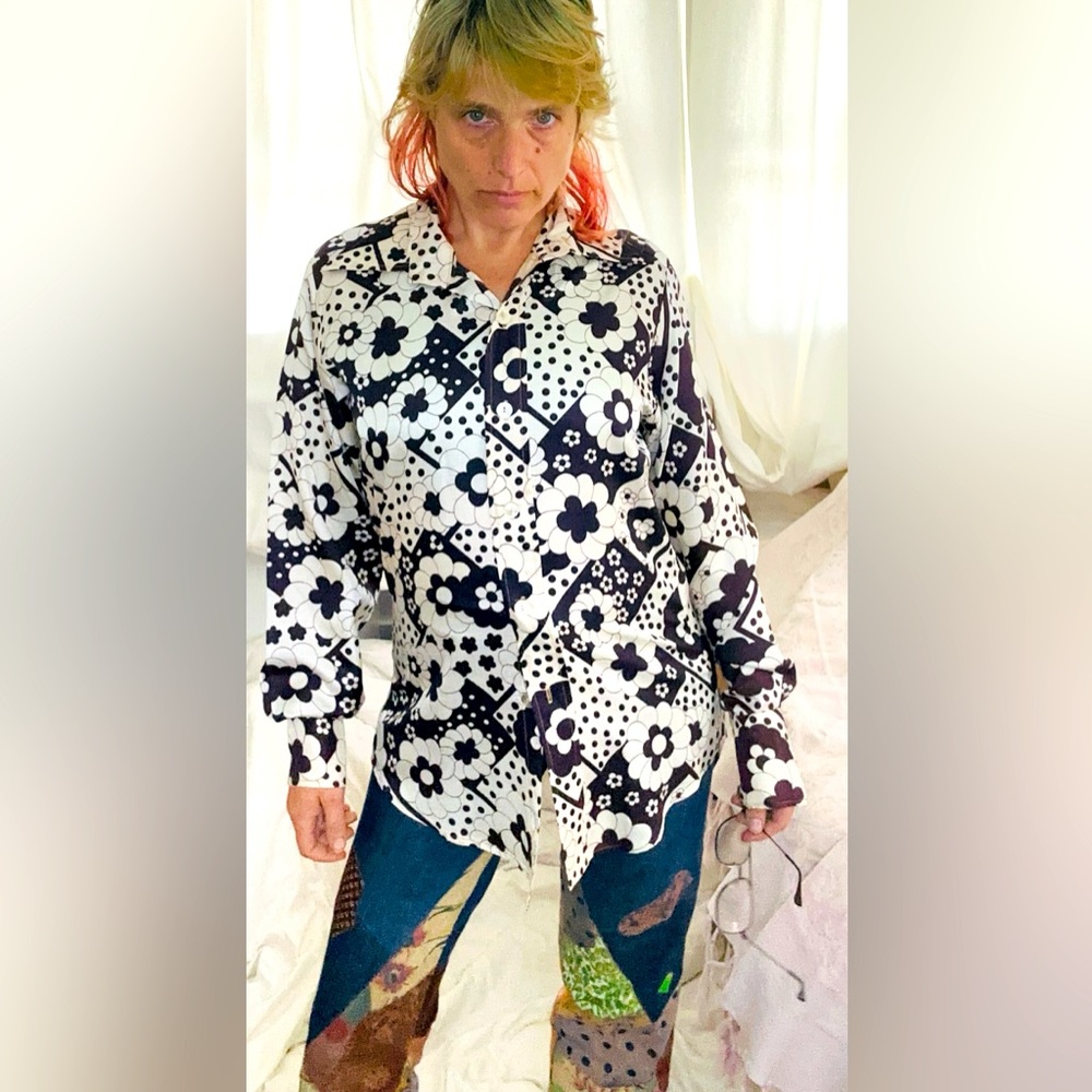Vintage 1970’s silk disco shirt with a dark brown polka dots & flowers print